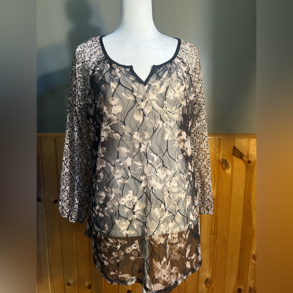 Style & Co. Sheer Blouse with Black and Cream Floral Design